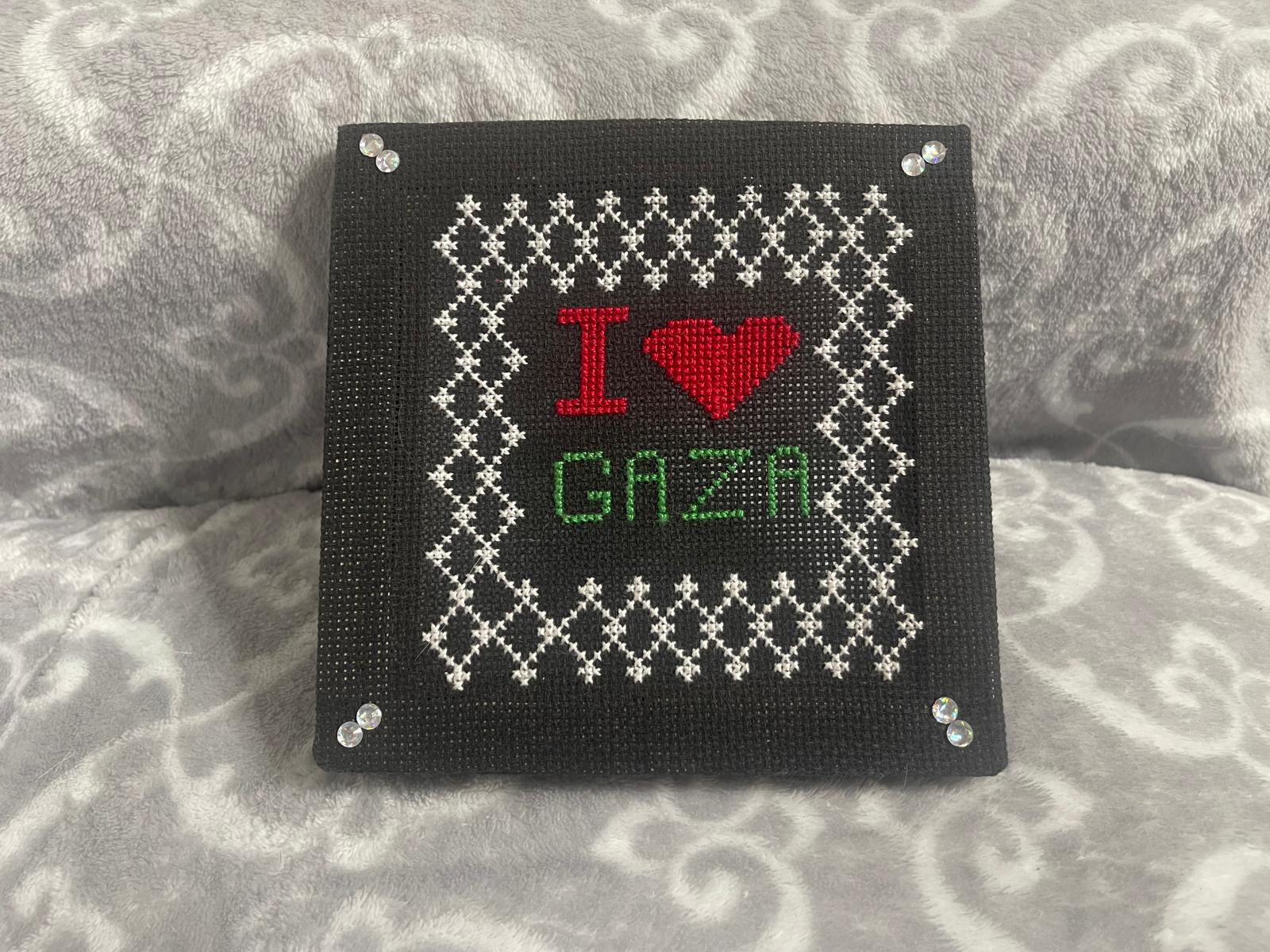 Tatreez "I love Gaza" wall hanging